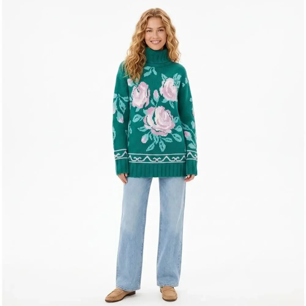 Tuckernuck Juniper Green Dahlia Turtleneck Sweater XS Floral Intarsia Knit NWT